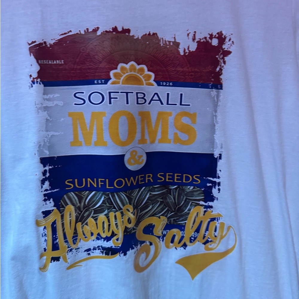 Gildan White Softball Moms Tee with Yellow and Blue Graphic